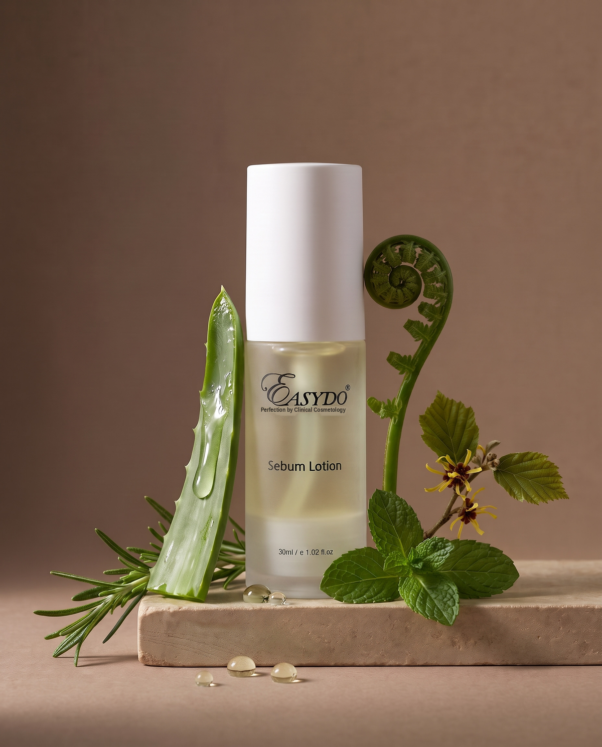 A bottle of Easydo Sieum Lotion centered on a stone slab, surrounded by natural ingredients including an aloe vera slice, rosemary sprig, mint leaves, and a small yellow flower, against a solid warm brown background.