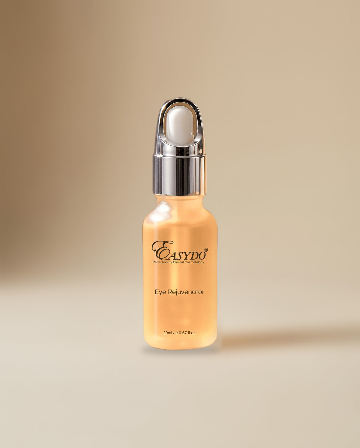 A small frosted glass dropper bottle filled with pale peachy-orange liquid, featuring a reflective silver cap and black text that reads 'Easyn' and 'Eye Rejuvenator' on a warm beige background.